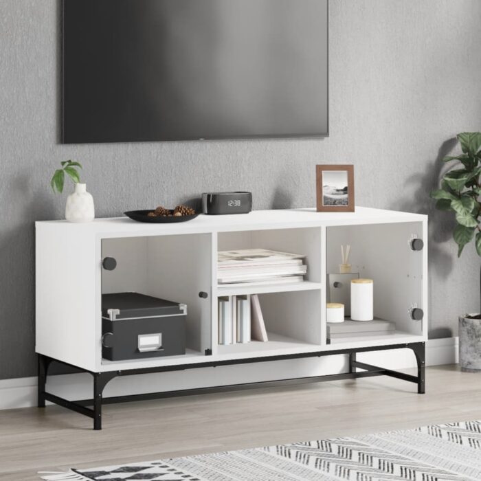 Meuble TV avec portes en verre blanc 102x37x50 cm – Image 1