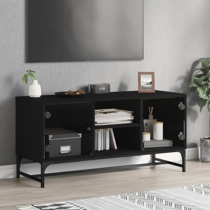 Meuble TV avec portes en verre noir 102x37x50 cm – Image 1