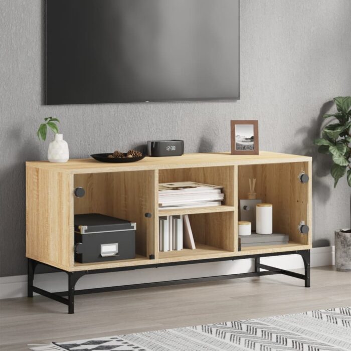 Meuble TV avec portes en verre chêne sonoma 102x37x50 cm – Image 1