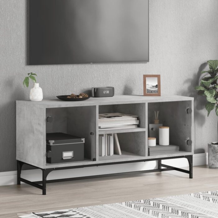 Meuble TV avec portes en verre gris béton 102x37x50 cm – Image 1