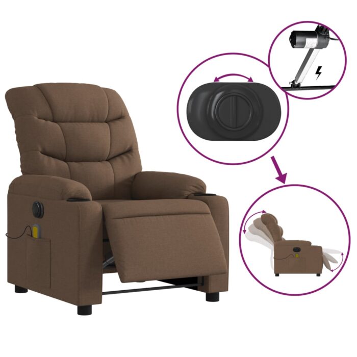 Fauteuil inclinable de massage électrique marron tissu – Image 3