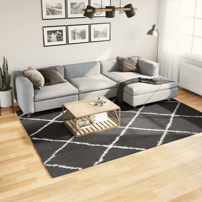 Tapis shaggy à poils longs moderne noir et crème 200x280 cm – Image 1