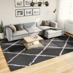 Tapis shaggy à poils longs moderne noir et crème 240x340 cm