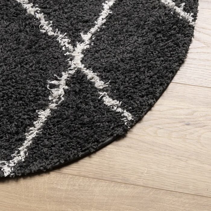 Tapis shaggy à poils longs moderne noir et crème Ø 120 cm – Image 2