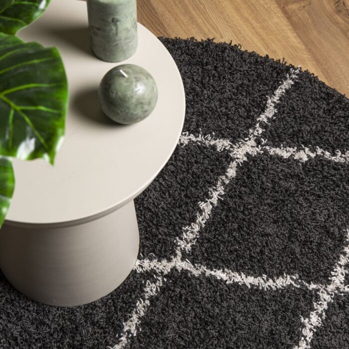 Tapis shaggy à poils longs moderne noir et crème Ø 120 cm – Image 5