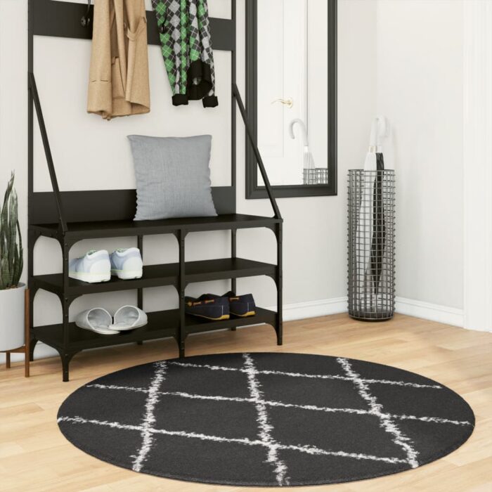 Tapis shaggy à poils longs moderne noir et crème Ø 120 cm – Image 1