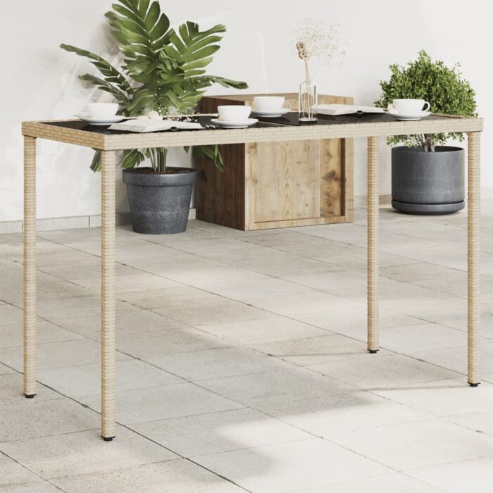 Table de jardin dessus en verre beige 115x54x74 cm poly rotin – Image 1