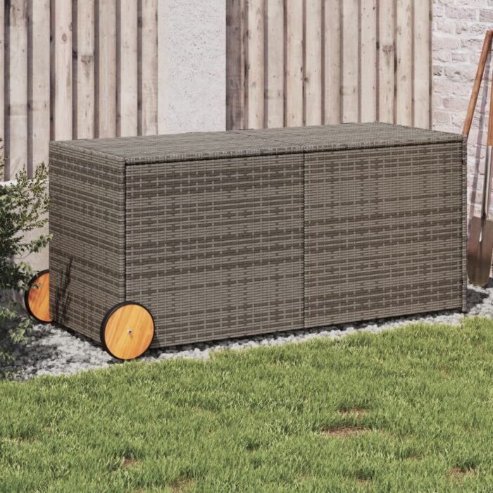 Boîte de rangement de jardin et roues gris 283L résine tressée – Image 1