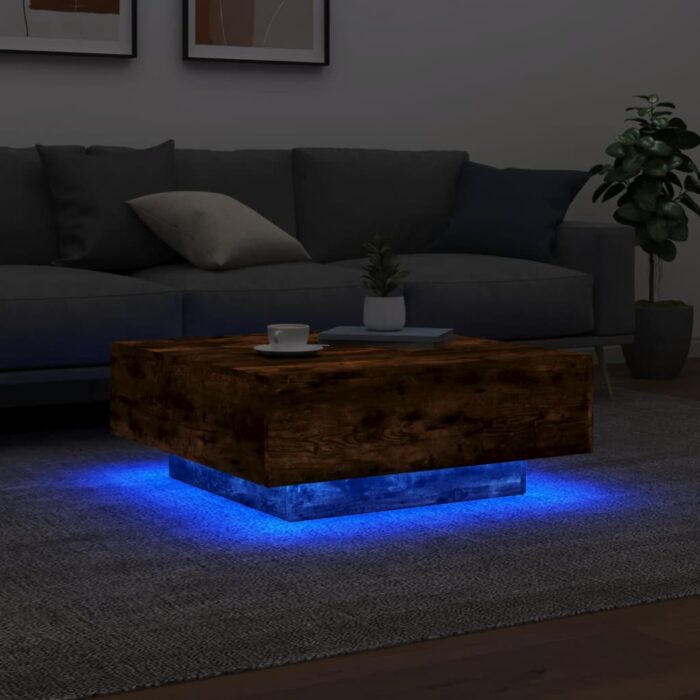 Table basse avec lumières LED chêne fumé 80x80x31 cm – Image 2