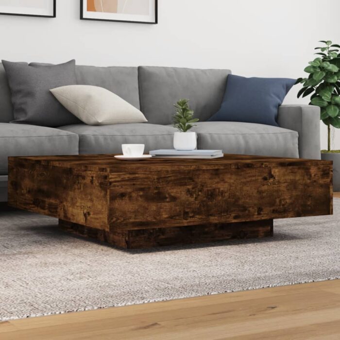 Table basse avec lumières LED chêne fumé 100x100x31 cm – Image 1