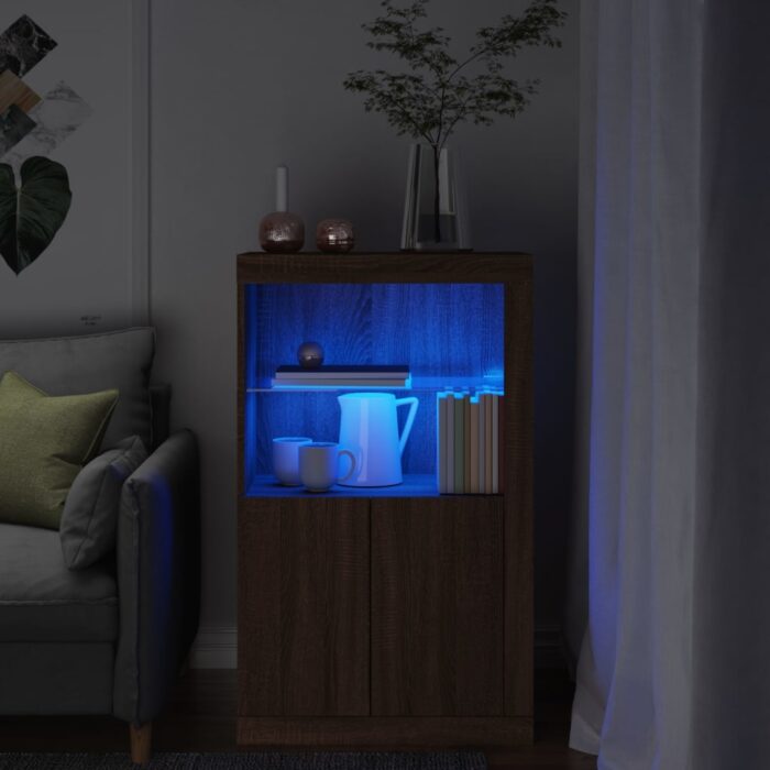 Armoire latérale avec lumières LED chêne marron bois ingénierie – Image 1