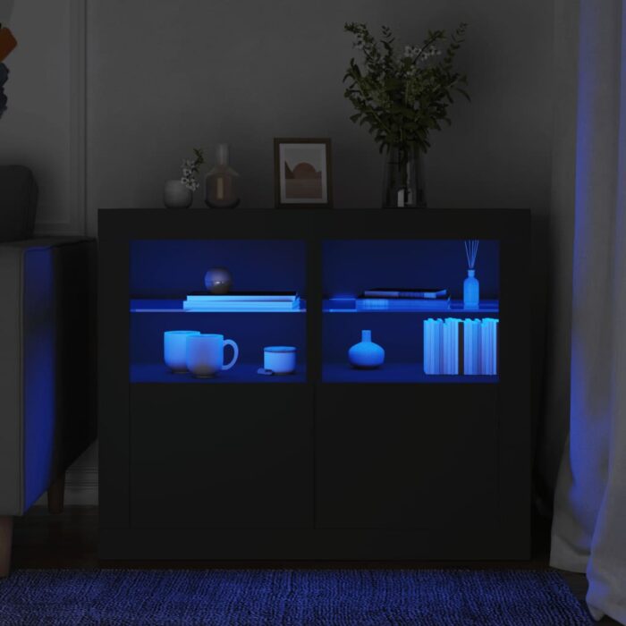 Armoires latérales et lumières LED 2 pcs noir bois d'ingénierie – Image 1