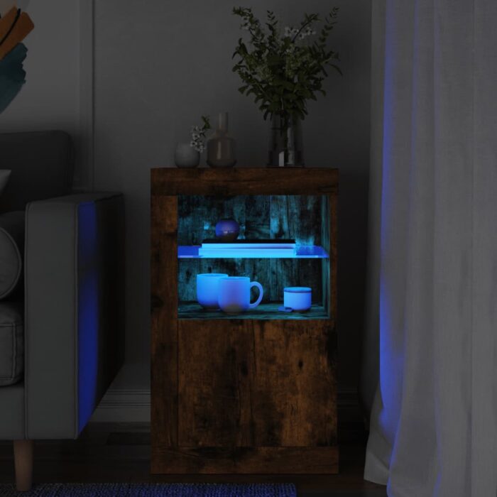 Armoire latérale avec lumières LED chêne fumé bois d'ingénierie – Image 1