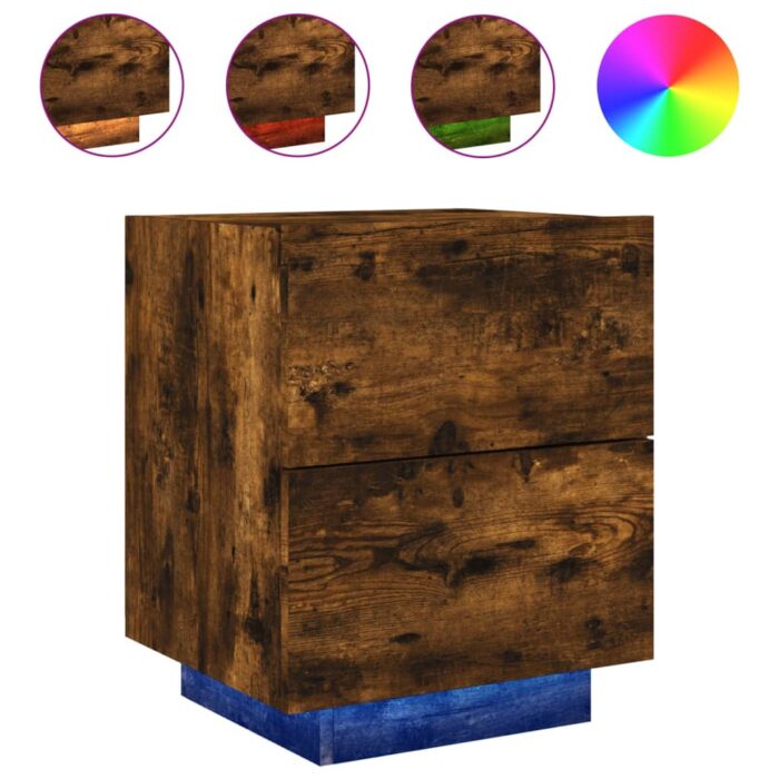 Armoires de chevet et lumières LED 2 pcs chêne fumé – Image 3