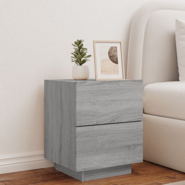 Armoire de chevet et lumières LED sonoma gris bois d'ingénierie – Image 2