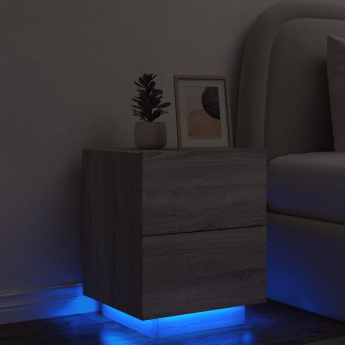 Armoire de chevet et lumières LED sonoma gris bois d'ingénierie – Image 1
