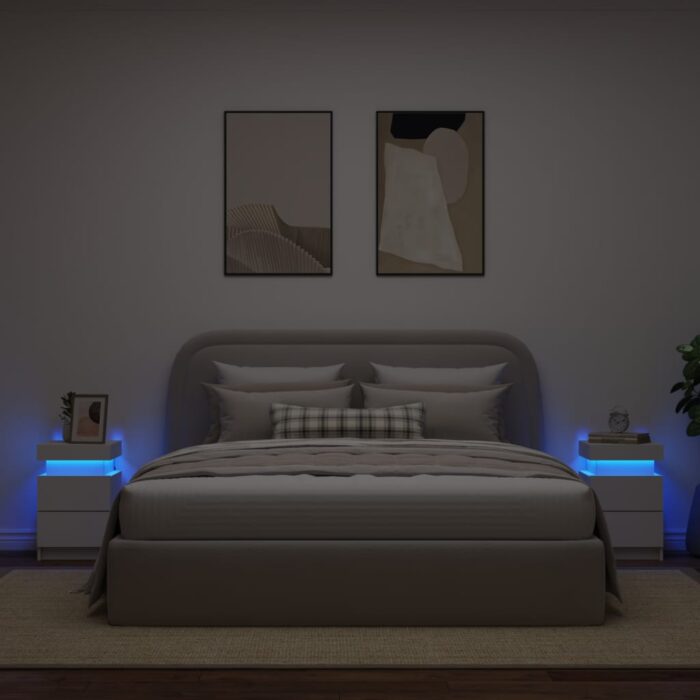Tables de chevet avec lumières LED 2 pcs blanc 35x39x55 cm – Image 2