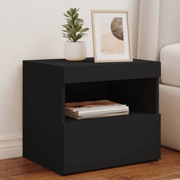 Tables de chevet avec lumières LED 2 pcs noir 50x40x45 cm – Image 1