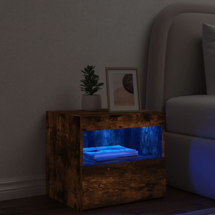 Table de chevet avec lumières LED chêne fumé 50x40x45 cm – Image 2