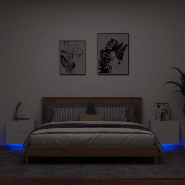 Tables de chevet murales avec lumières LED 2 pcs blanc – Image 1