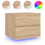 Tables de chevet murales avec lumières LED 2 pcs chêne sonoma – Image 3