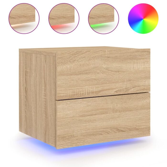 Tables de chevet murales avec lumières LED 2 pcs chêne sonoma – Image 3