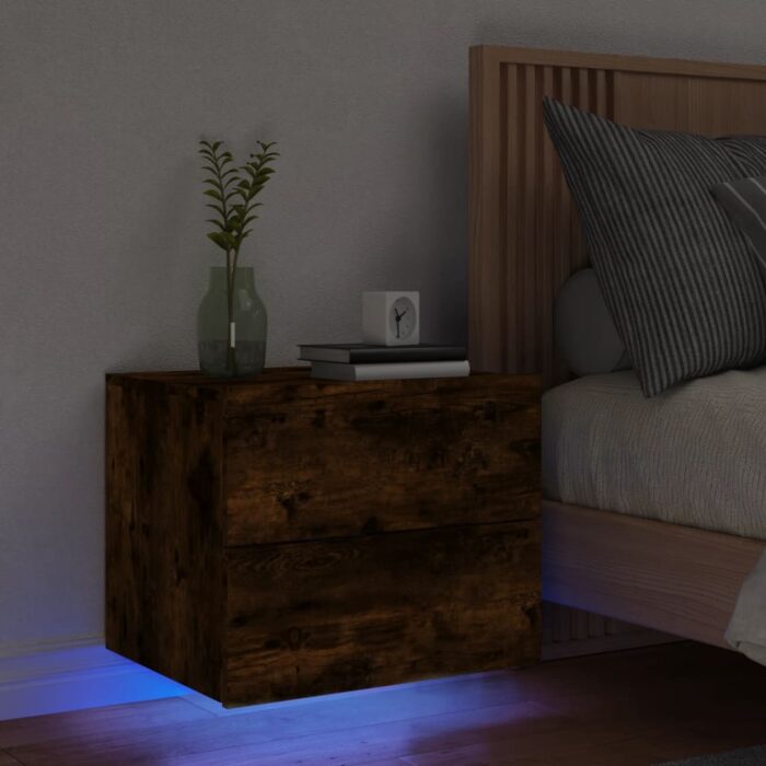 Table de chevet murale avec lumières LED chêne fumé – Image 1