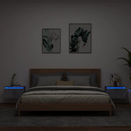 Tables de chevet murales avec lumières LED 2 pcs gris béton