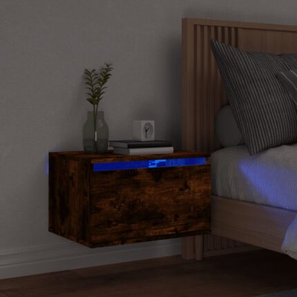 Table de chevet murale avec lumières LED chêne fumé