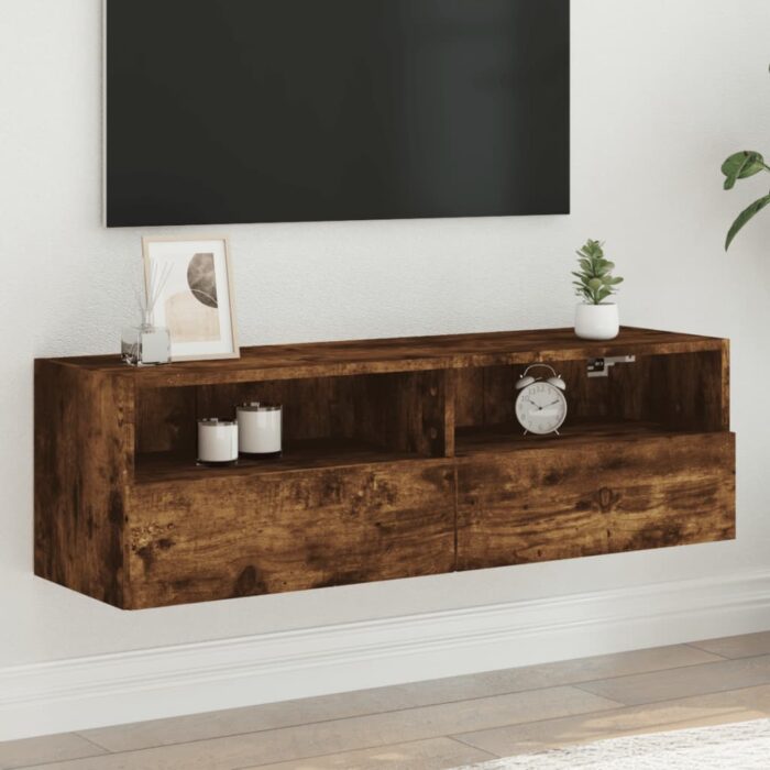 Meuble TV mural chêne fumé 100x30x30 cm bois d'ingénierie – Image 1