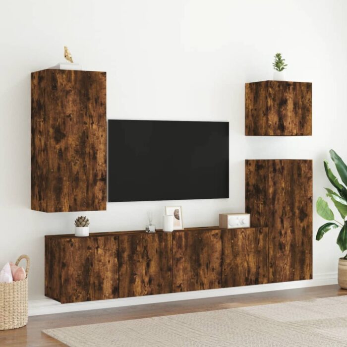 Meuble TV mural chêne fumé 80x30x41 cm – Image 9