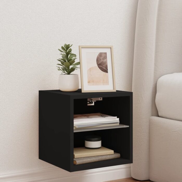 Meuble TV mural avec lumières LED noir 30x28,5x30 cm – Image 2