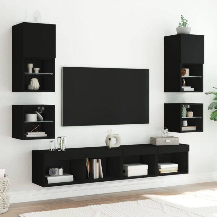 Meubles TV muraux avec lumières LED 2 pcs noir 30x28,5x30 cm – Image 3
