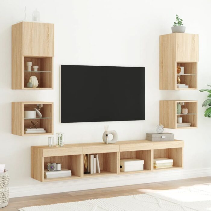 Meuble TV mural avec lumières LED chêne sonoma 30x28,5x30 cm – Image 3
