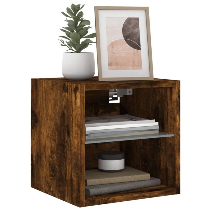 Meuble TV mural avec lumières LED chêne fumé 30x28,5x30 cm – Image 4