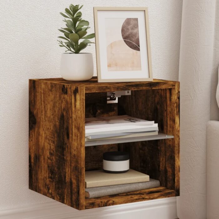 Meubles TV muraux et lumières LED 2pcs chêne fumé 30x28,5x30 cm – Image 1