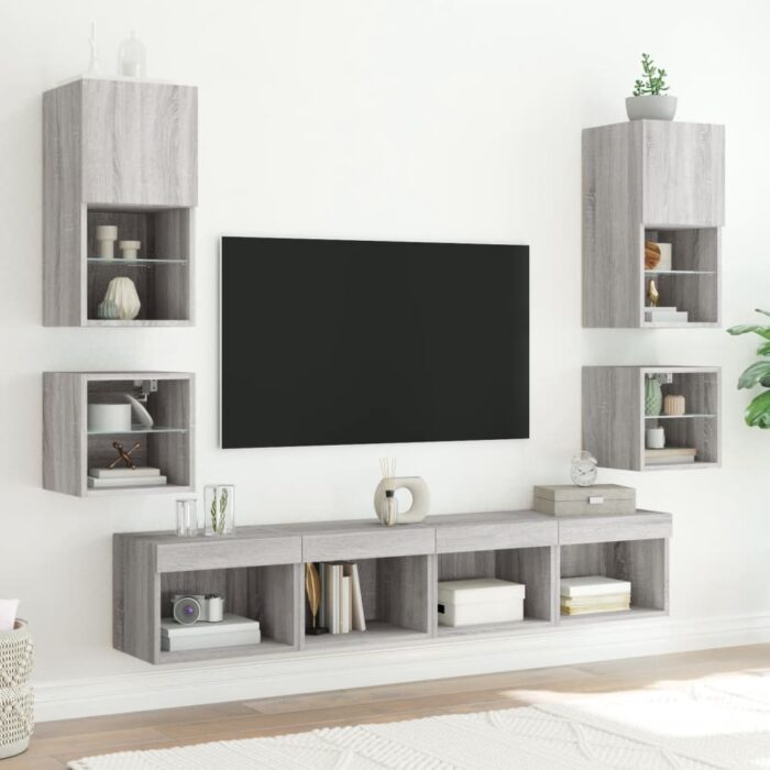 Meuble TV mural avec lumières LED sonoma gris 30x28,5x30 cm – Image 3