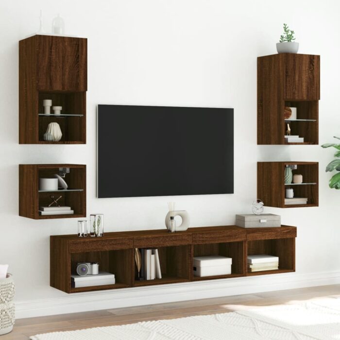 Meuble TV mural avec lumières LED chêne marron 30x28,5x30 cm – Image 3