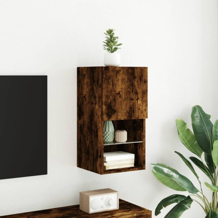 Meuble TV avec lumières LED chêne fumé 30,5x30x60 cm – Image 2