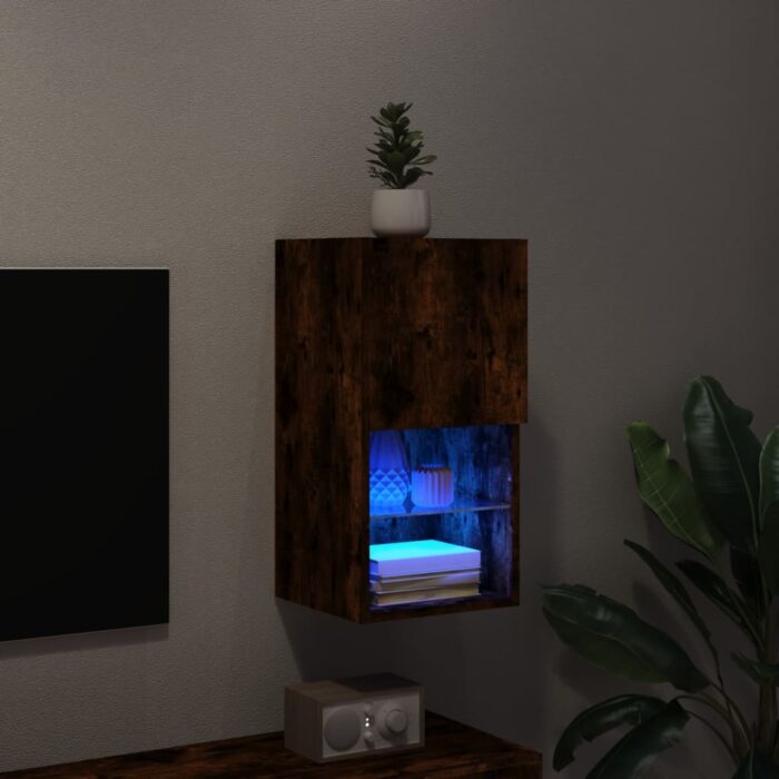 Meuble TV avec lumières LED chêne fumé 30,5x30x60 cm – Image 3