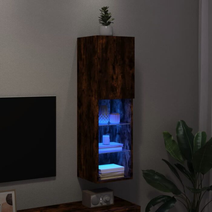 Meuble TV avec lumières LED chêne fumé 30,5x30x102 cm – Image 3