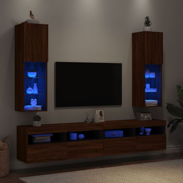 Meubles TV avec lumières LED 2 pcs chêne marron 30,5x30x102 cm – Image 2