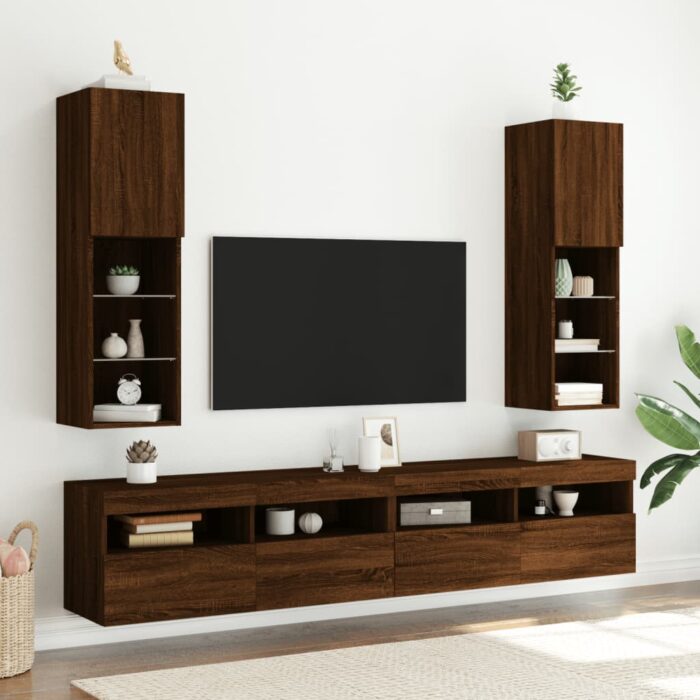 Meubles TV avec lumières LED 2 pcs chêne marron 30,5x30x102 cm – Image 1