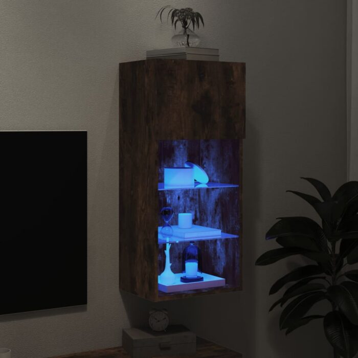 Meuble TV avec lumières LED chêne fumé 40,5x30x90 cm – Image 3