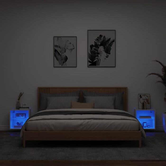 Tables de chevet murales avec lumières LED 2 pcs blanc – Image 2