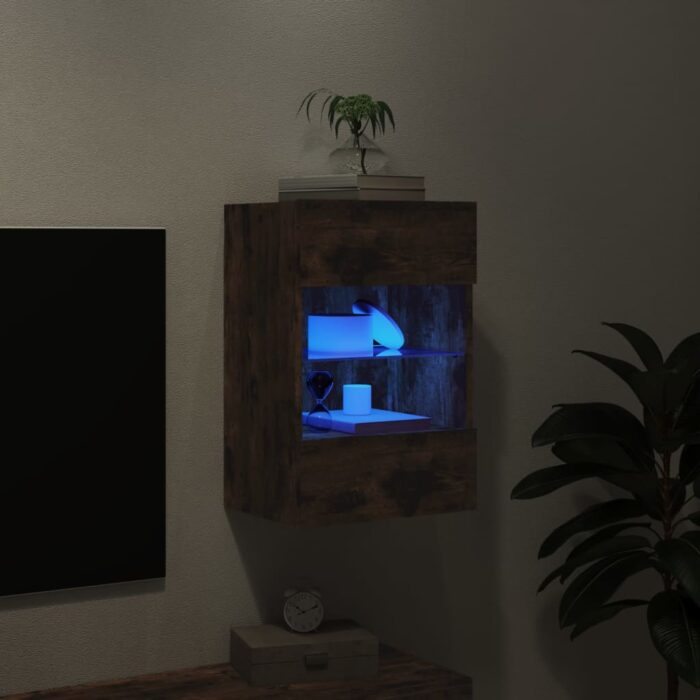 Meuble TV mural avec lumières LED chêne fumé 40x30x60,5 cm – Image 2