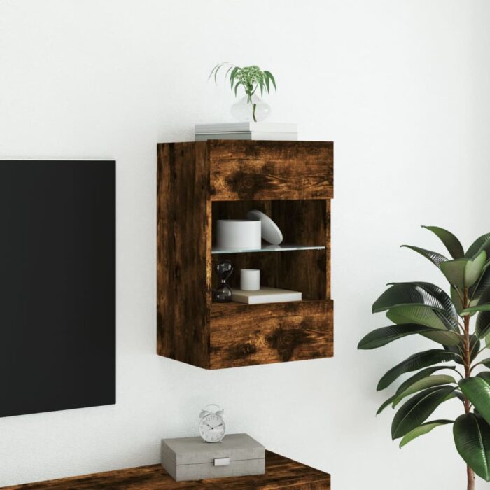 Meuble TV mural avec lumières LED chêne fumé 40x30x60,5 cm – Image 3