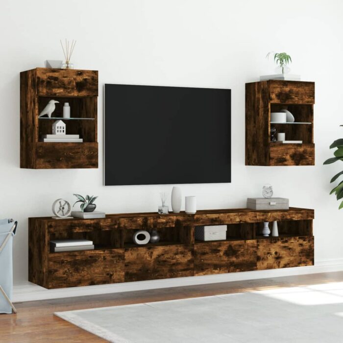 Meuble TV mural avec lumières LED chêne fumé 40x30x60,5 cm – Image 4
