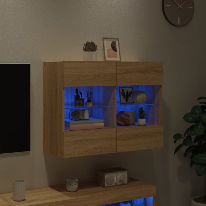 Meuble TV mural avec lumières LED chêne sonoma 78,5x30x60,5 cm – Image 2