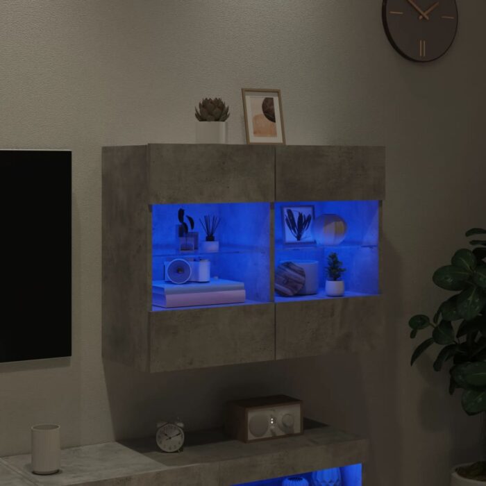 Meuble TV mural avec lumières LED gris béton 78,5x30x60,5 cm – Image 2